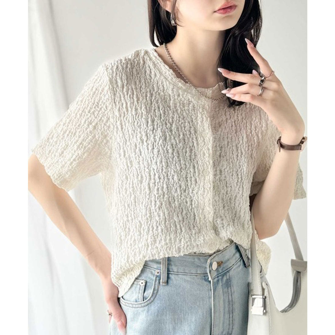 クラシカルエルフ Classical Elf ラフに着てもサマになる!前後2wayクラッシュジャカードノーカラーブラウス(半袖) (グレージュ) グレージュ