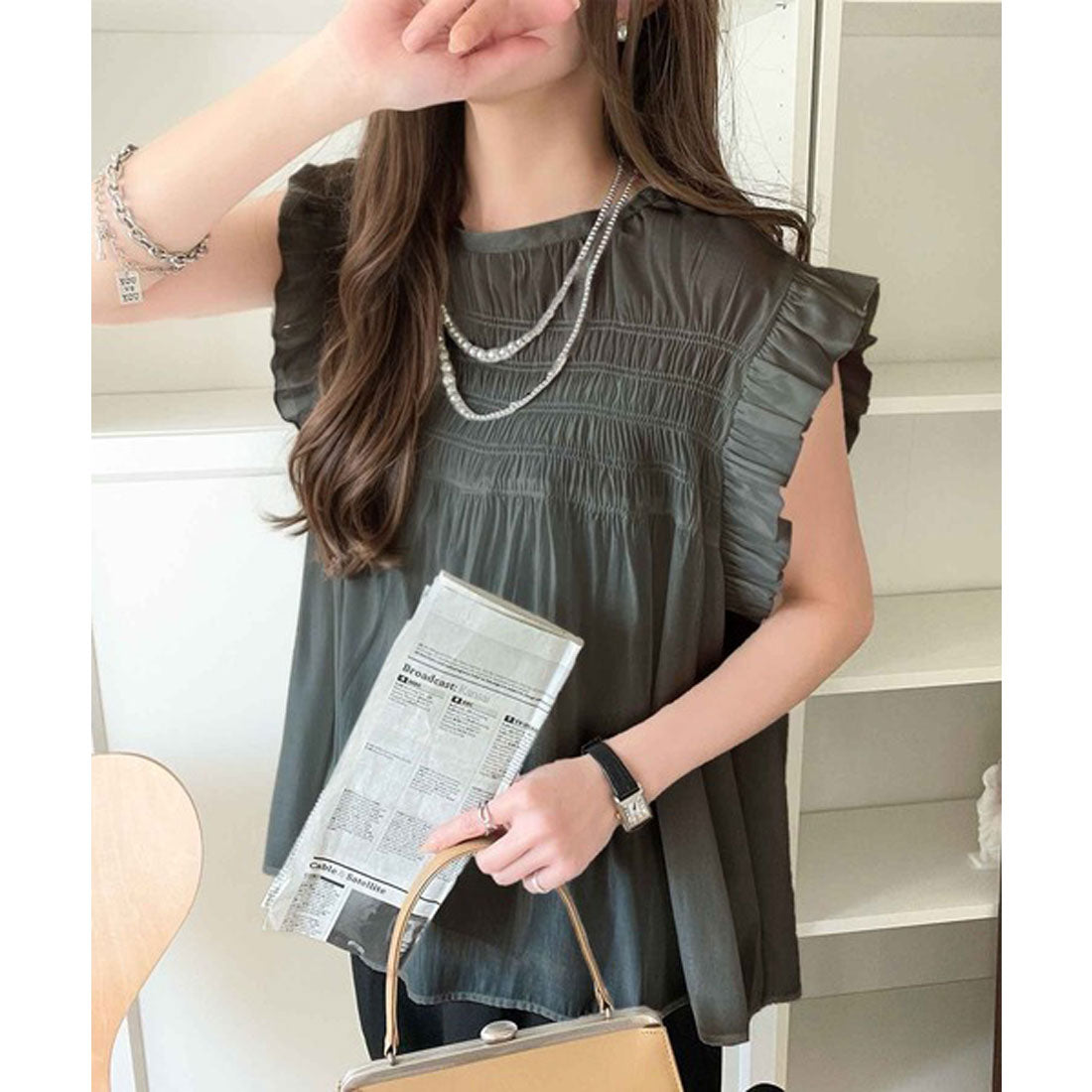 クラシカルエルフ Classical Elf 全方向、大人フェミニン!胸元ギャザーフリルスリーブAラインブラウス (チャコール) チャコール