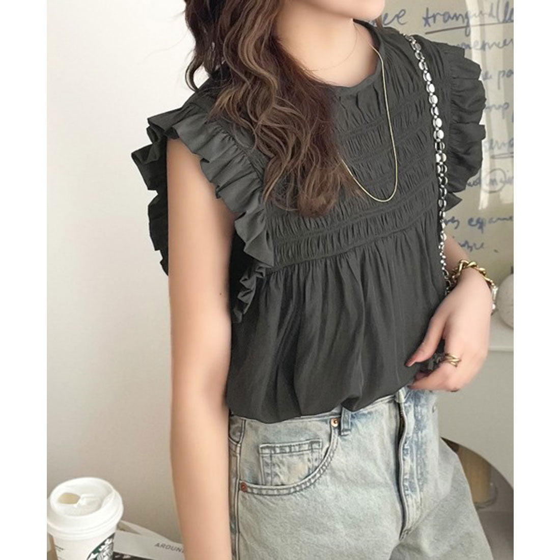 クラシカルエルフ Classical Elf 全方向、大人フェミニン!胸元ギャザーフリルスリーブAラインブラウス (チャコール) チャコール