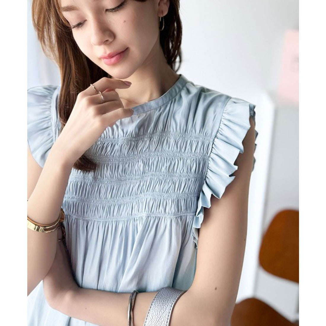 クラシカルエルフ Classical Elf 全方向、大人フェミニン!胸元ギャザーフリルスリーブAラインブラウス (チャコール) チャコール