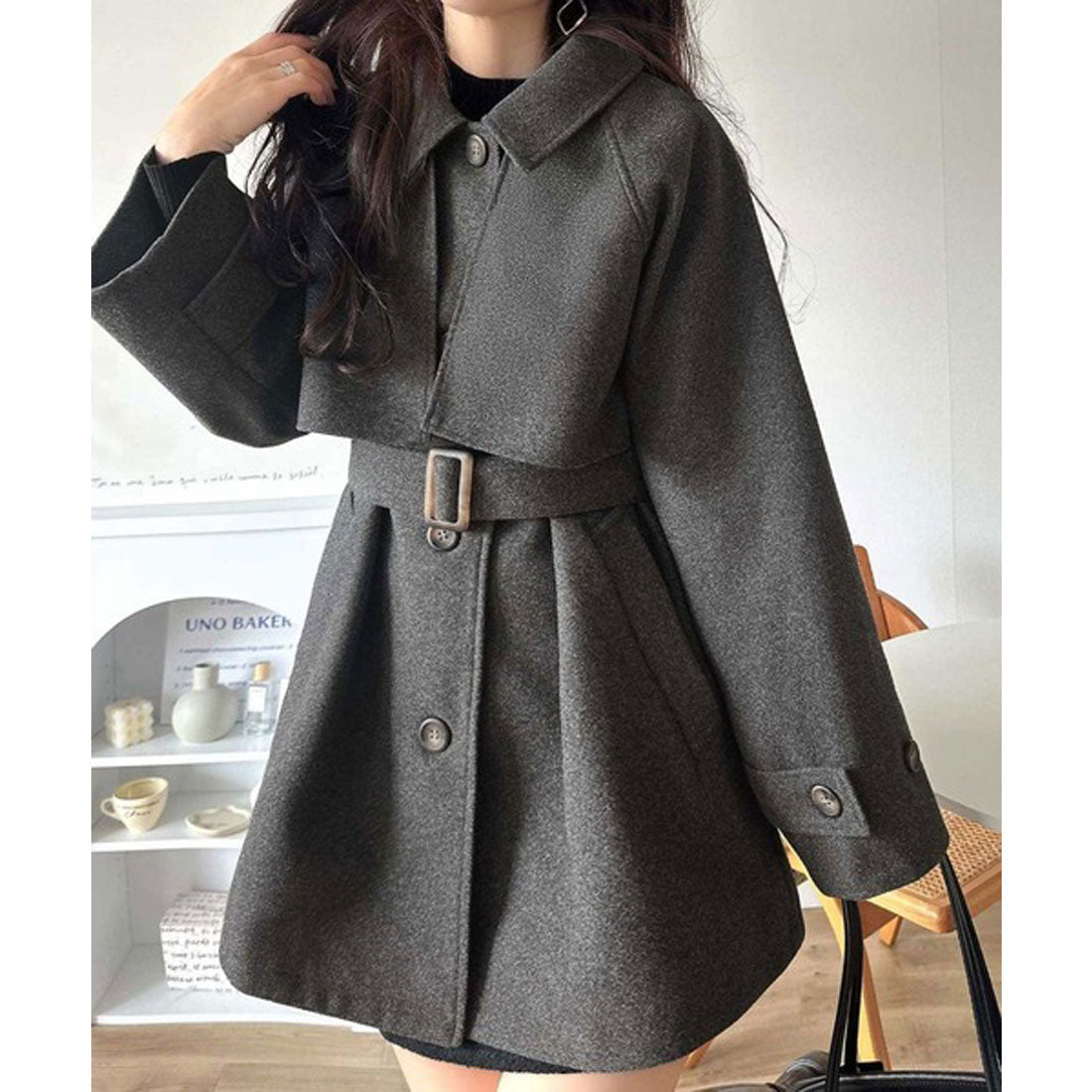 クラシカルエルフ Classical Elf かわいさも、大人っぽさも叶える。着こなし自在の2way仕様が嬉しい♪ミドル丈アレンジコート (杢チャコール) 杢チャコール