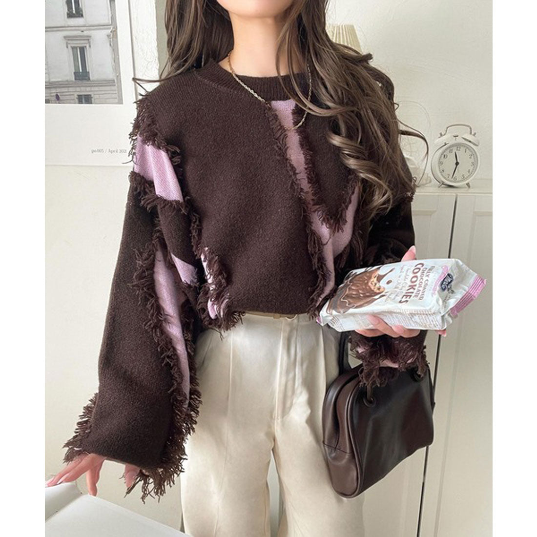 クラシカルエルフ Classical Elf ゆるっとこなれ感◎男女兼用可♪フリンジ配色オーバーニット(長袖) (ブラウン) ブラウン