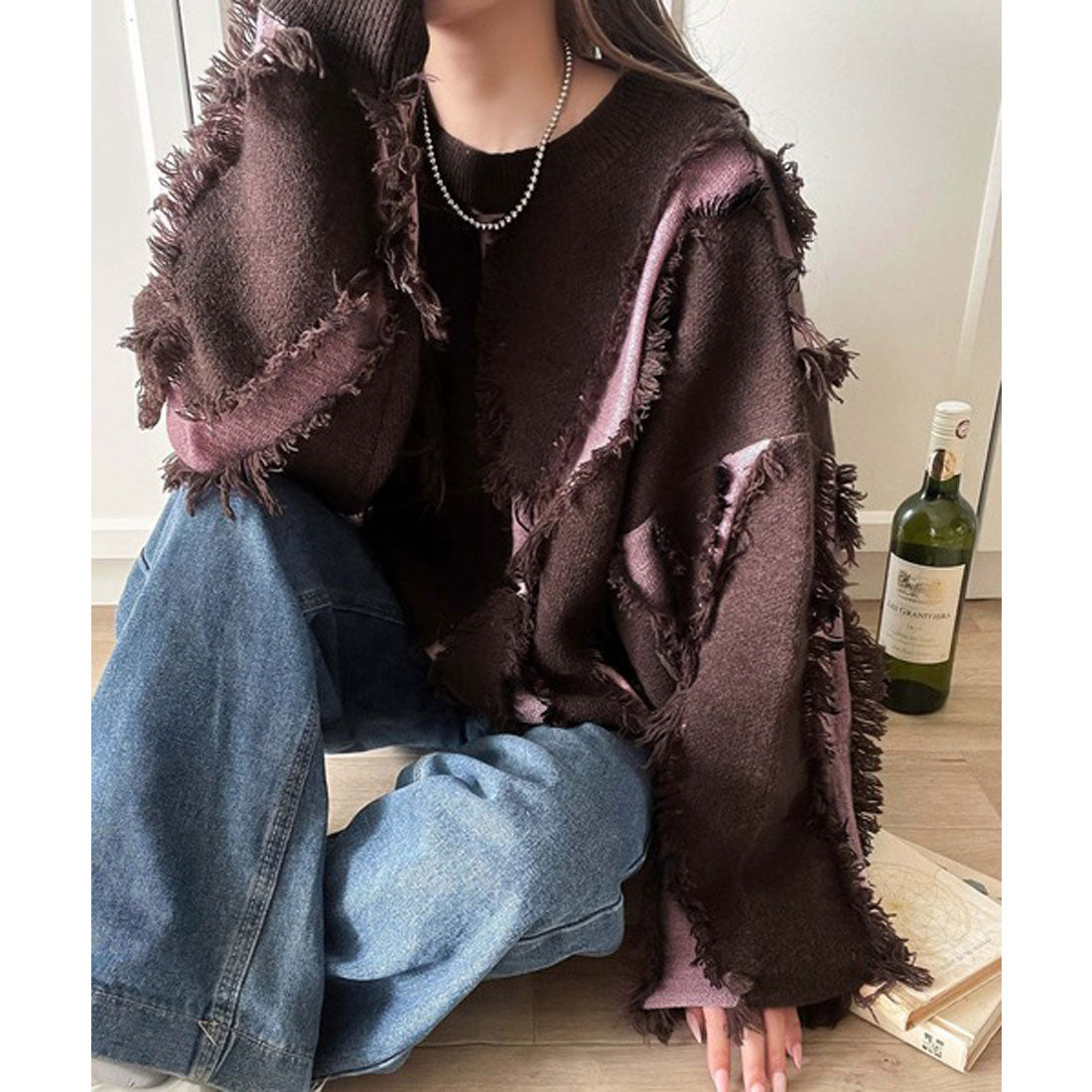 クラシカルエルフ Classical Elf ゆるっとこなれ感◎男女兼用可♪フリンジ配色オーバーニット(長袖) (ブラウン) ブラウン