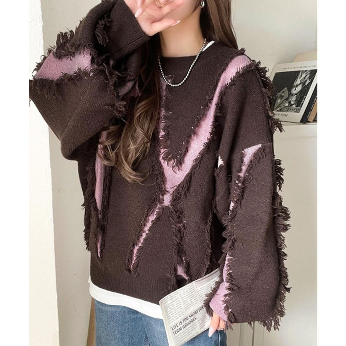 クラシカルエルフ Classical Elf ゆるっとこなれ感◎男女兼用可♪フリンジ配色オーバーニット(長袖) (ブラウン) ブラウン