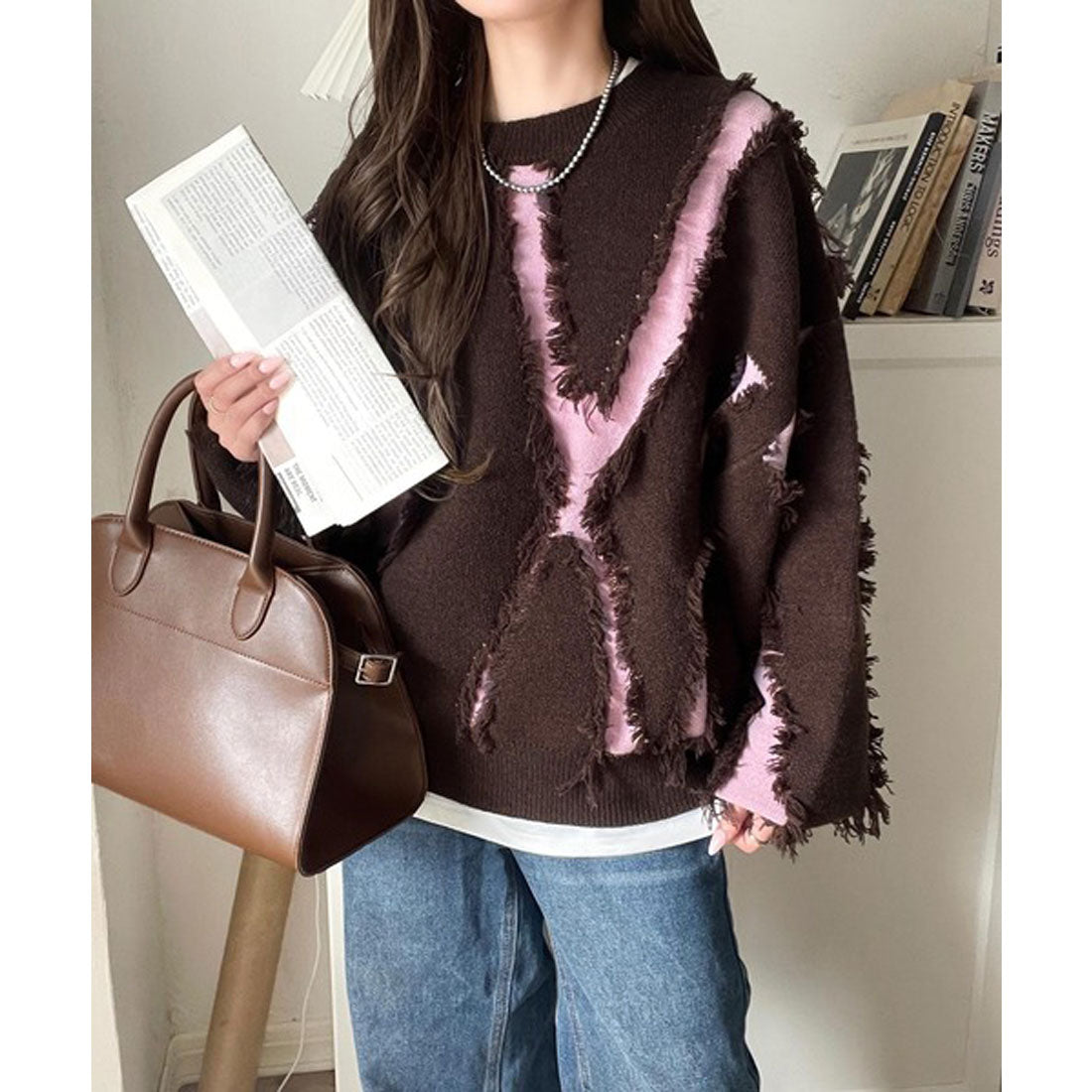 クラシカルエルフ Classical Elf ゆるっとこなれ感◎男女兼用可♪フリンジ配色オーバーニット(長袖) (ブラウン) ブラウン