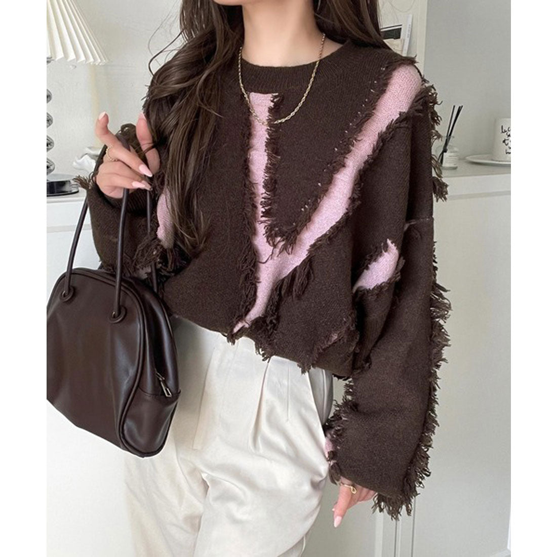 クラシカルエルフ Classical Elf ゆるっとこなれ感◎男女兼用可♪フリンジ配色オーバーニット(長袖) (ブラウン) ブラウン