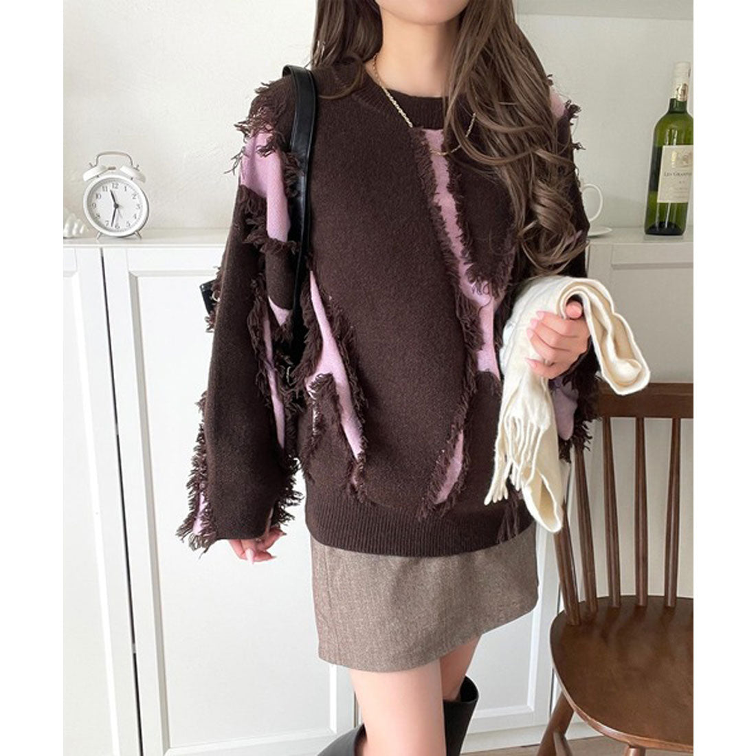 クラシカルエルフ Classical Elf ゆるっとこなれ感◎男女兼用可♪フリンジ配色オーバーニット(長袖) (ブラウン) ブラウン