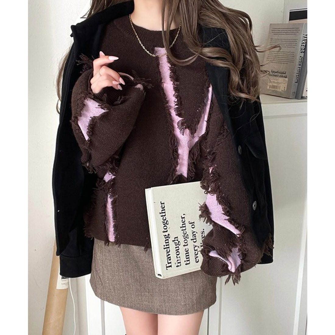 クラシカルエルフ Classical Elf ゆるっとこなれ感◎男女兼用可♪フリンジ配色オーバーニット(長袖) (ブラウン) ブラウン