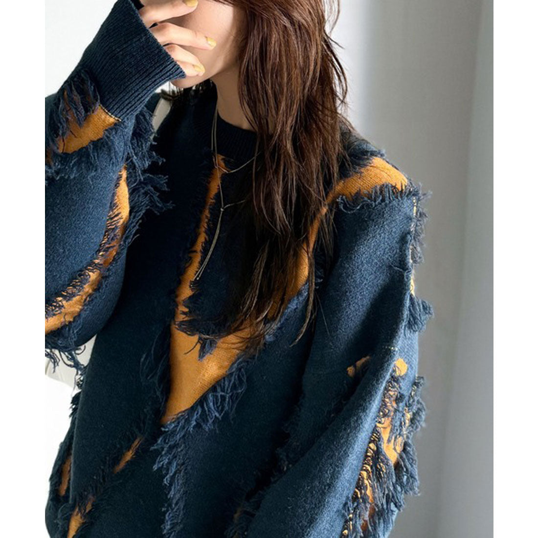 クラシカルエルフ Classical Elf ゆるっとこなれ感◎男女兼用可♪フリンジ配色オーバーニット(長袖) (ブラウン) ブラウン