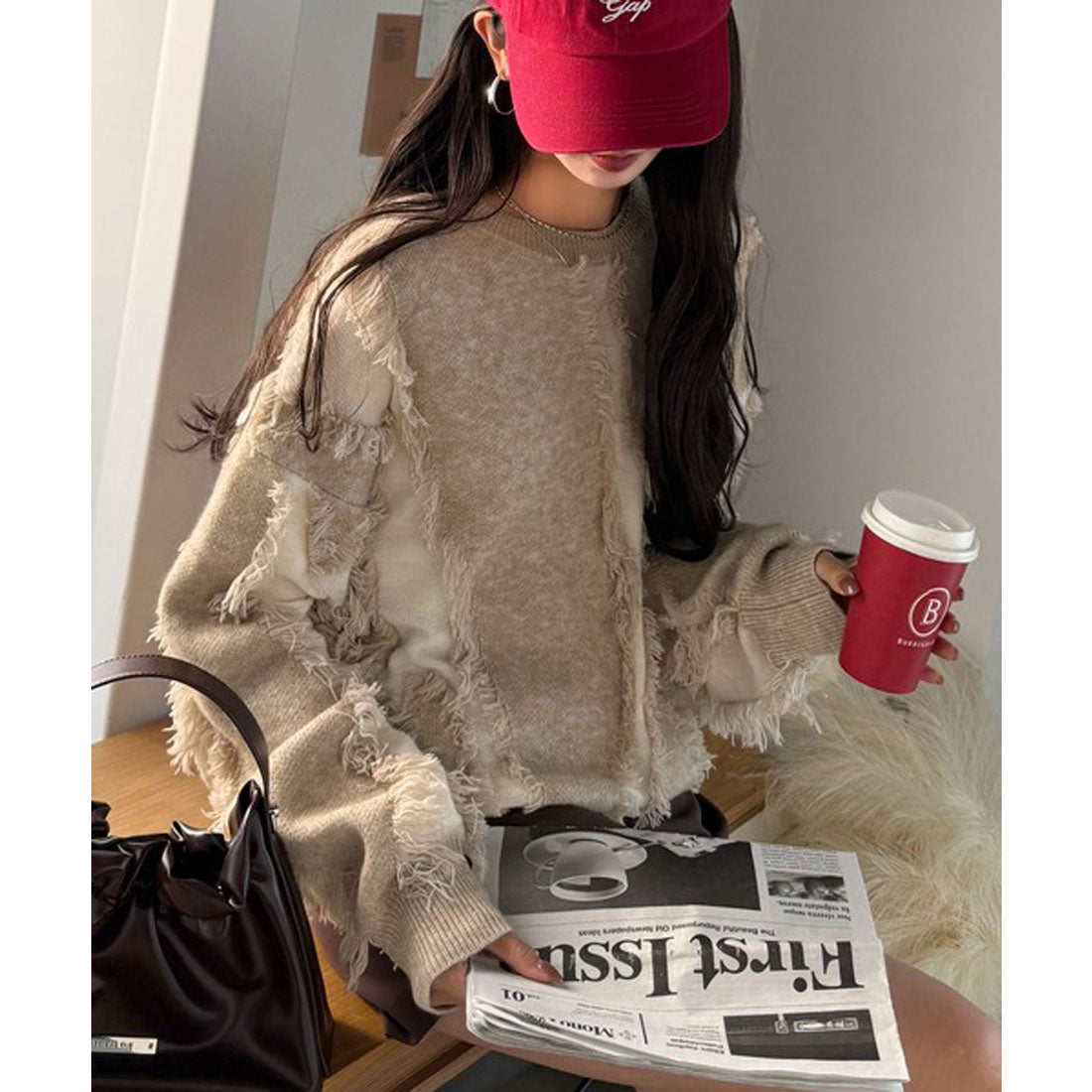 クラシカルエルフ Classical Elf ゆるっとこなれ感◎男女兼用可♪フリンジ配色オーバーニット(長袖) (ブラウン) ブラウン