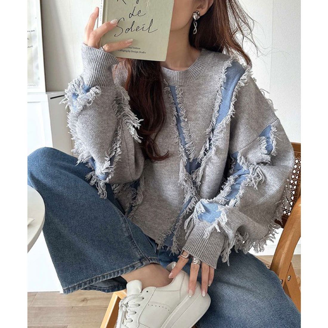 クラシカルエルフ Classical Elf ゆるっとこなれ感◎男女兼用可♪フリンジ配色オーバーニット(長袖) (ブラウン) ブラウン