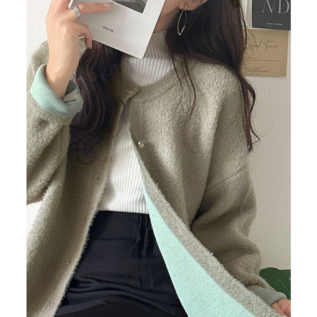 クラシカルエルフ Classical Elf 絶妙な配色がお洒落心をくすぐる!ダブルフェイスフェザーカーディガン (グレージュ) グレージュ