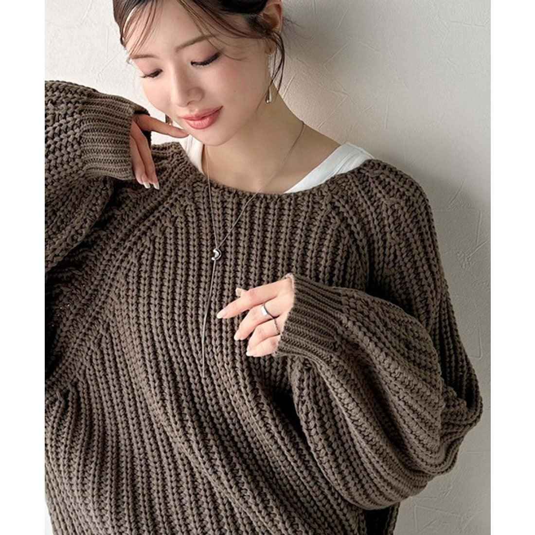 クラシカルエルフ Classical Elf 後ろ姿まで抜け感UP♪ケーブル編みバックデザイン×ルース片畦ビッグラグランニット (モカ) モカ