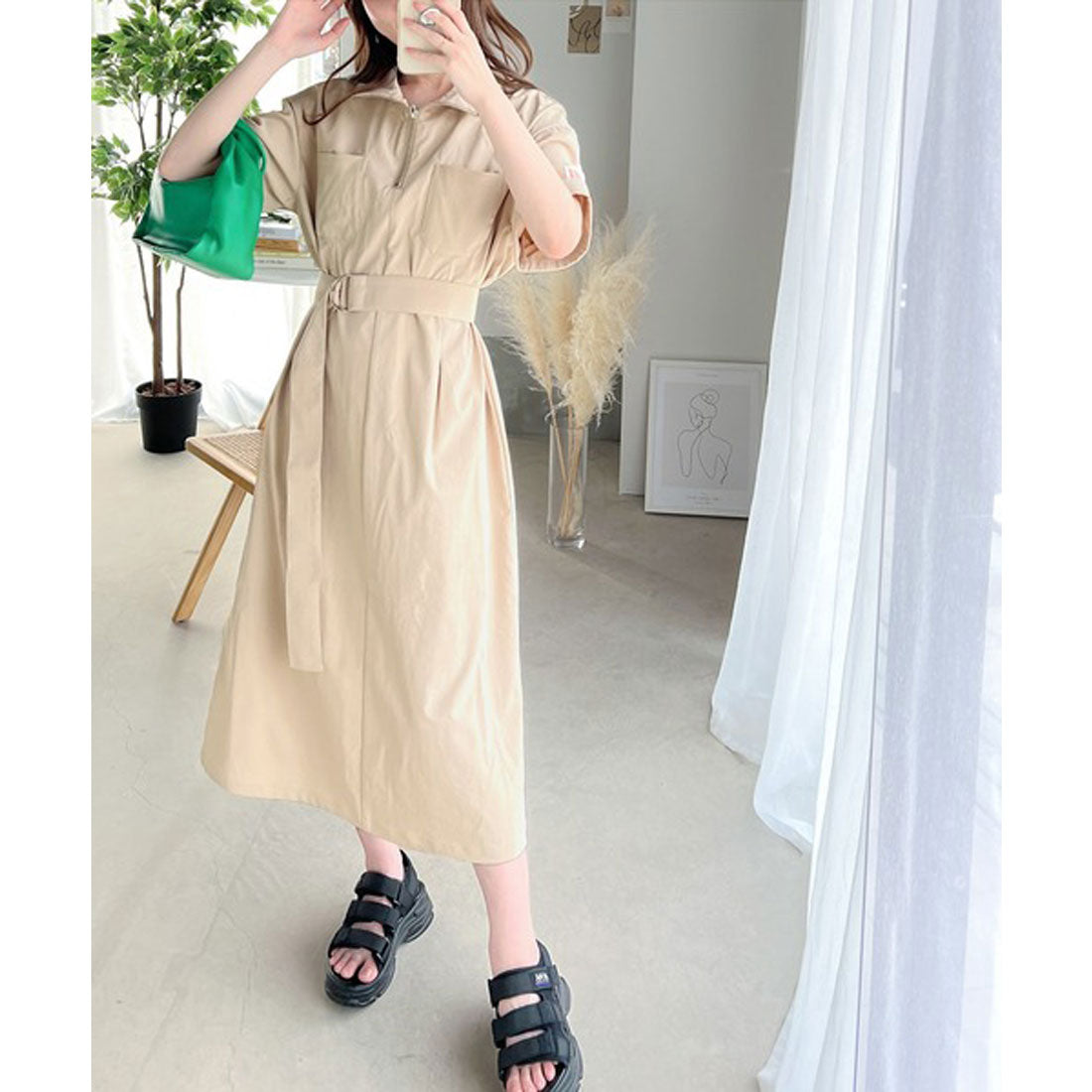 Classical Elf 《JaVa Special Order》Adult Work Taste. Cotton-like Half-Zip One-Piece Dress.