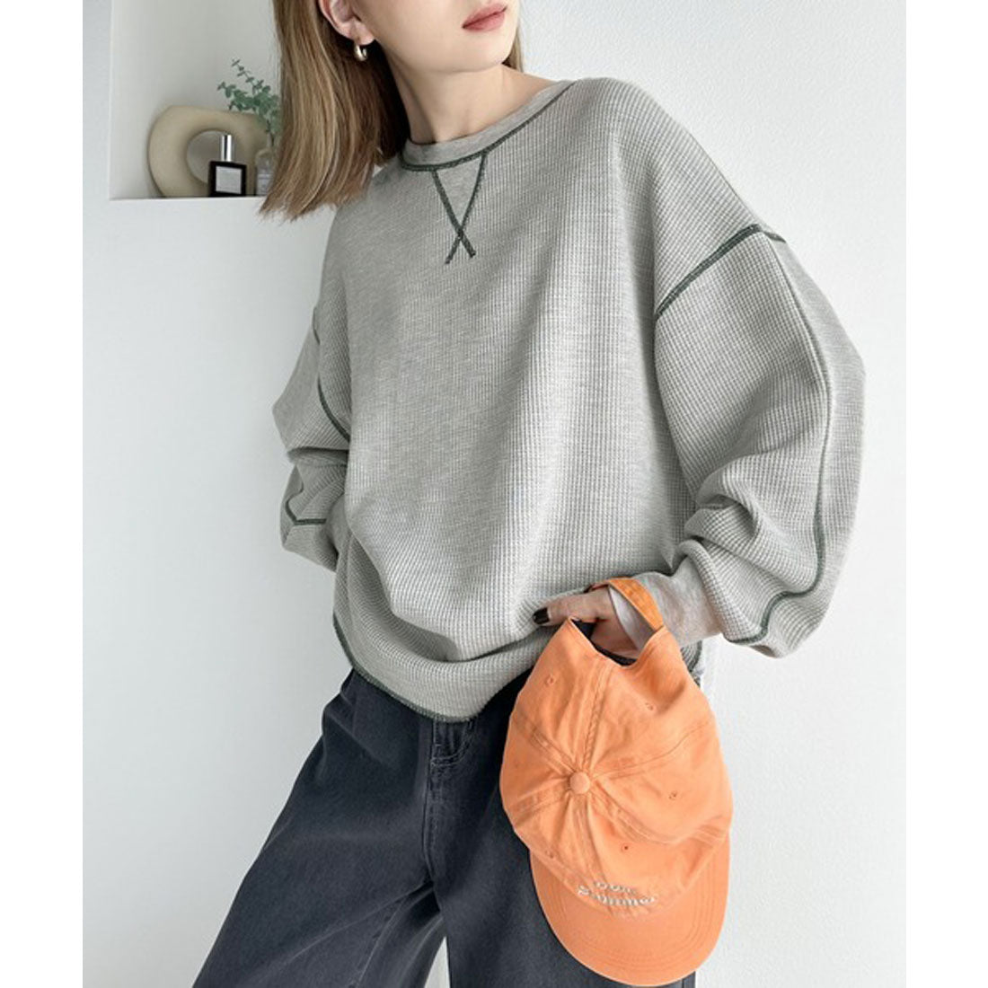 クラシカルエルフ Classical Elf 《JaVaジャバ 別注》シンプルなのに格上げ。2way配色ワッフルロンTee,ライトグレー