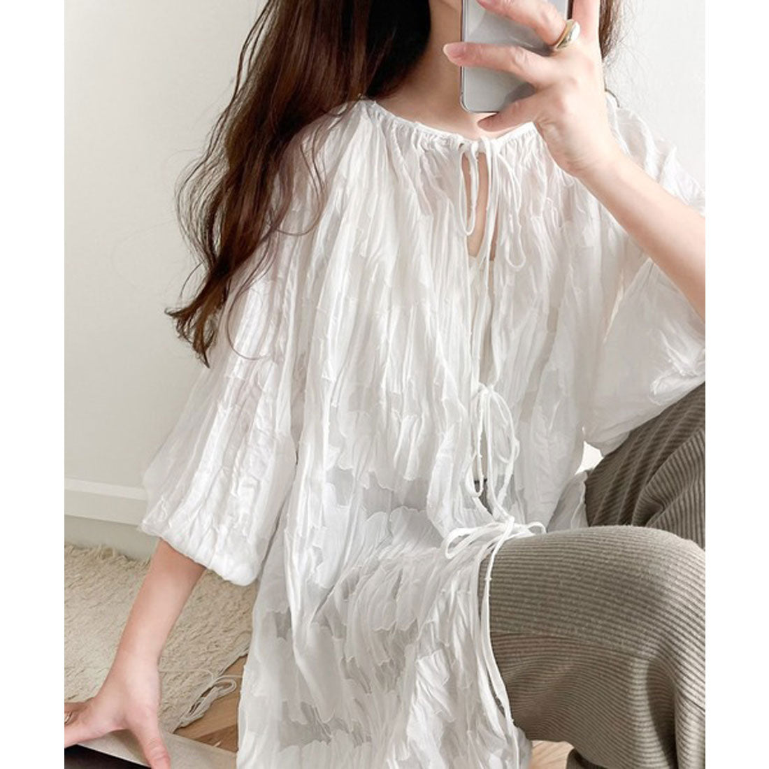Classical Elf Elegant top with just the right amount of sheerness. Front and back 2-way volume sleeve ribbon sheer blouse.