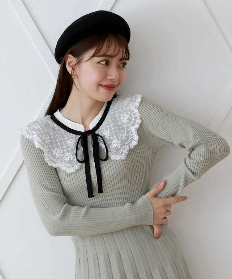 Cheek Lace Bow Tie Knit Mini Dress