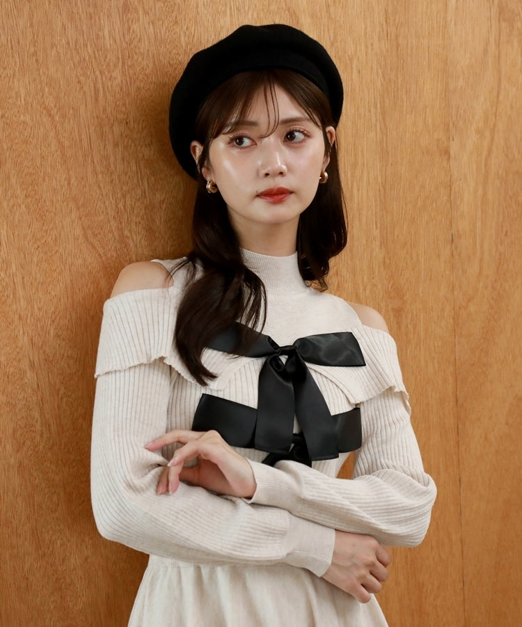 チーク Cheek オフショルBIGリボンニットミニワンピース,IVORY