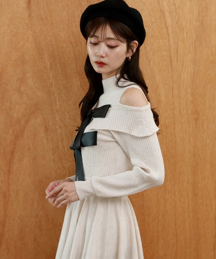 チーク Cheek オフショルBIGリボンニットミニワンピース