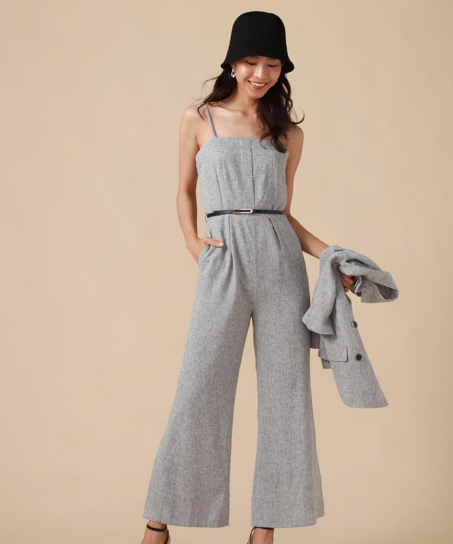 チーク Cheek ワイドフレアサロペット,GRY