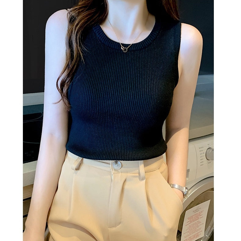 カルペディエム Carpe diem リブニット タンクトップ インナー トップス ボーダー タンクトップ ニットタンクトップ ノースリーブ ニット サマーニット カジュアル ショート丈 (ブラック) ブラック