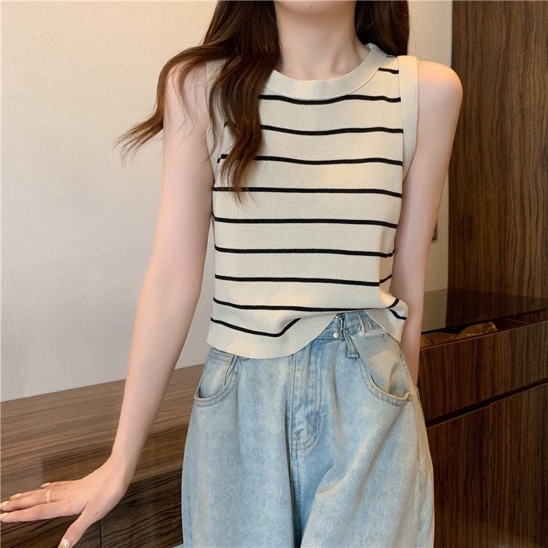 カルペディエム Carpe diem タンクトップ インナー トップス ボーダー タンクトップ リブ タンクトップ ニットタンクトップ ノースリーブ ニット サマーニット カジュアル ショート丈 (ホワイトボーダー) ホワイトボーダー