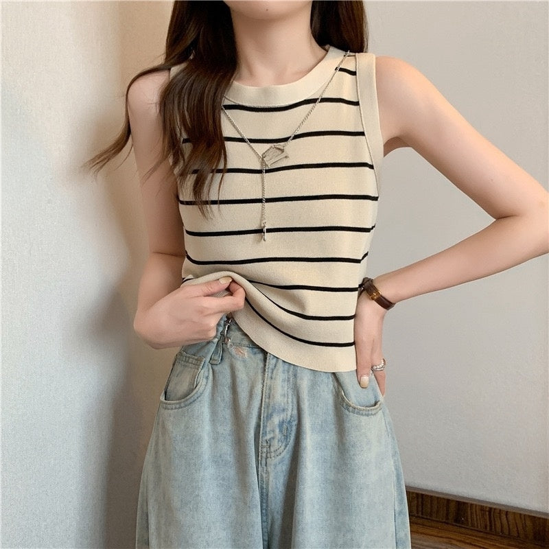 カルペディエム Carpe diem タンクトップ インナー トップス ボーダー タンクトップ リブ タンクトップ ニットタンクトップ ノースリーブ ニット サマーニット カジュアル ショート丈 (ホワイトボーダー) ホワイトボーダー