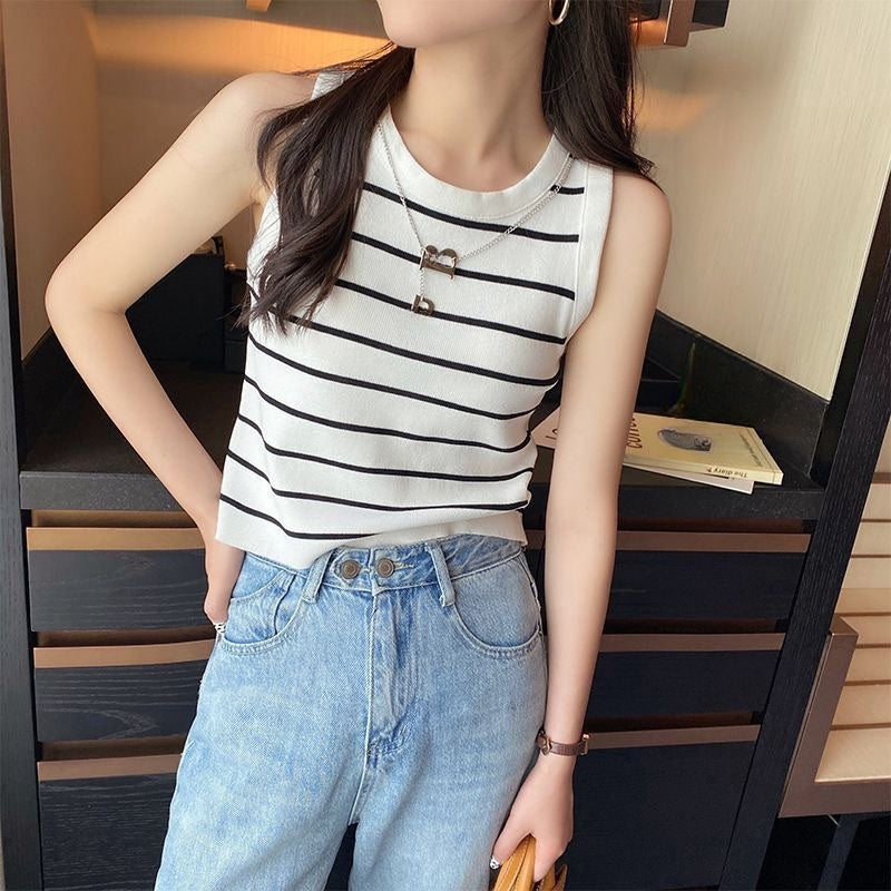 カルペディエム Carpe diem タンクトップ インナー トップス ボーダー タンクトップ リブ タンクトップ ニットタンクトップ ノースリーブ ニット サマーニット カジュアル ショート丈 (ホワイトボーダー) ホワイトボーダー