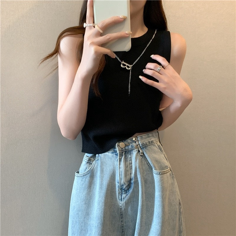 カルペディエム Carpe diem タンクトップ インナー トップス ボーダー タンクトップ リブ タンクトップ ニットタンクトップ ノースリーブ ニット サマーニット カジュアル ショート丈 (ホワイトボーダー) ホワイトボーダー