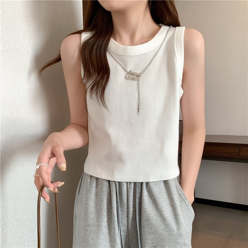 カルペディエム Carpe diem タンクトップ インナー トップス ボーダー タンクトップ リブ タンクトップ ニットタンクトップ ノースリーブ ニット サマーニット カジュアル ショート丈 (ホワイトボーダー) ホワイトボーダー