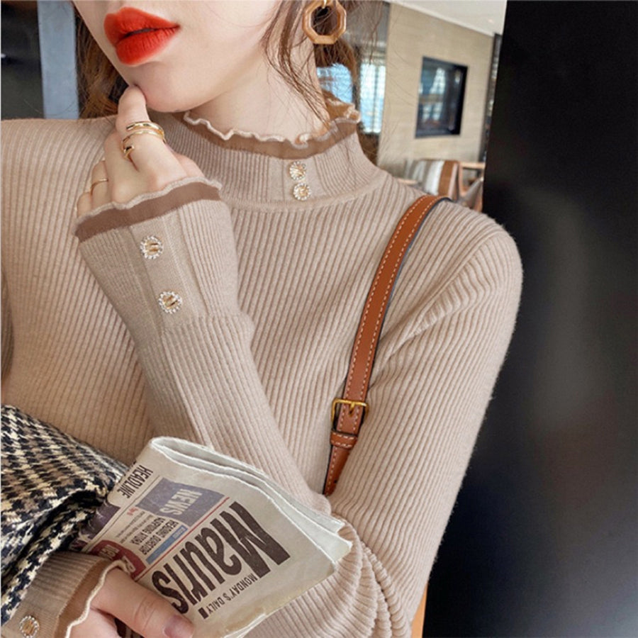 カルペディエム Carpe diem ニットトップス ハイネック メロウフリル カットソー フラワー 長袖 ゆったり 薄手ニット ボトルネック リブ編み インナー 着回し きれいめ 通勤 (ピンク) ピンク