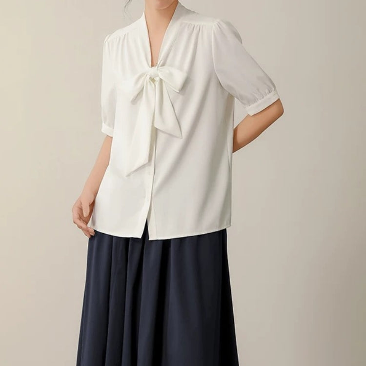 カルペディエム Carpe diem レディース シャツブラウス リボンブラウス ボウタイブラウス トップス春 夏ブラウス オフィス カジュアル 半袖 シフォンブラウス (ブルー) ブルー