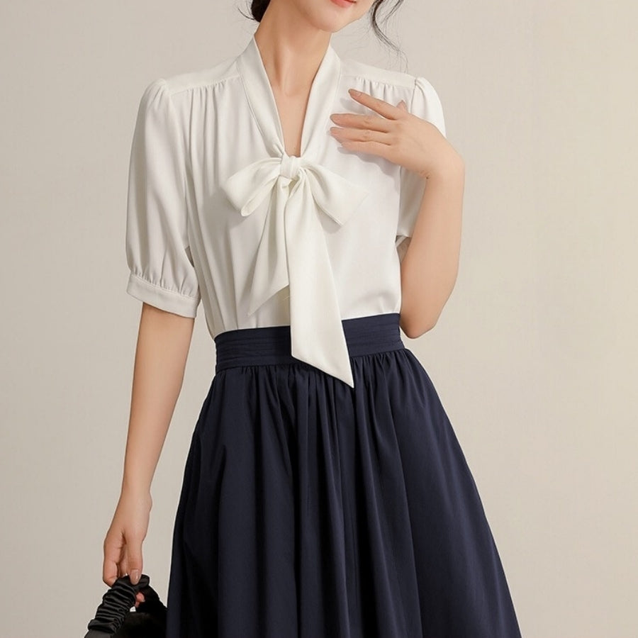 カルペディエム Carpe diem レディース シャツブラウス リボンブラウス ボウタイブラウス トップス春 夏ブラウス オフィス カジュアル 半袖 シフォンブラウス (ブルー) ブルー