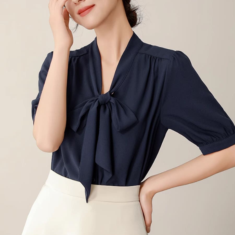 カルペディエム Carpe diem レディース シャツブラウス リボンブラウス ボウタイブラウス トップス春 夏ブラウス オフィス カジュアル 半袖 シフォンブラウス (ブルー) ブルー