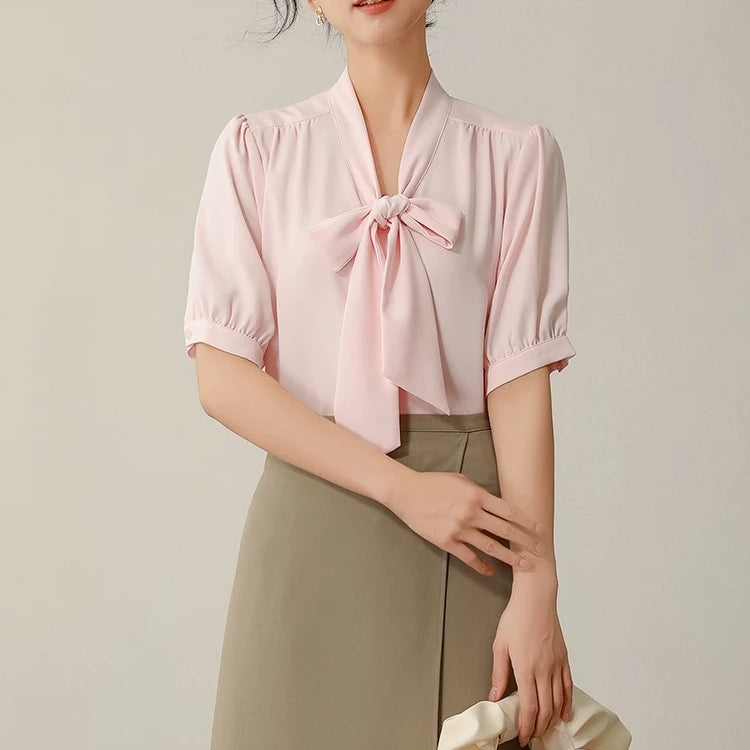 カルペディエム Carpe diem レディース シャツブラウス リボンブラウス ボウタイブラウス トップス春 夏ブラウス オフィス カジュアル 半袖 シフォンブラウス (ブルー) ブルー