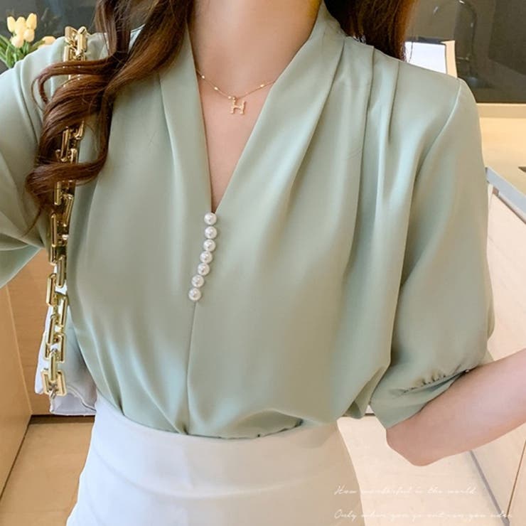 カルペディエム Carpe diem シャツ半袖 ブラウス半袖 パール付きトップス パール付きシャツ vネックシャツ 五分丈 半袖ブラウス 半袖シャツブラウス カジュアル 夏トップス (ベージュ) ベージュ