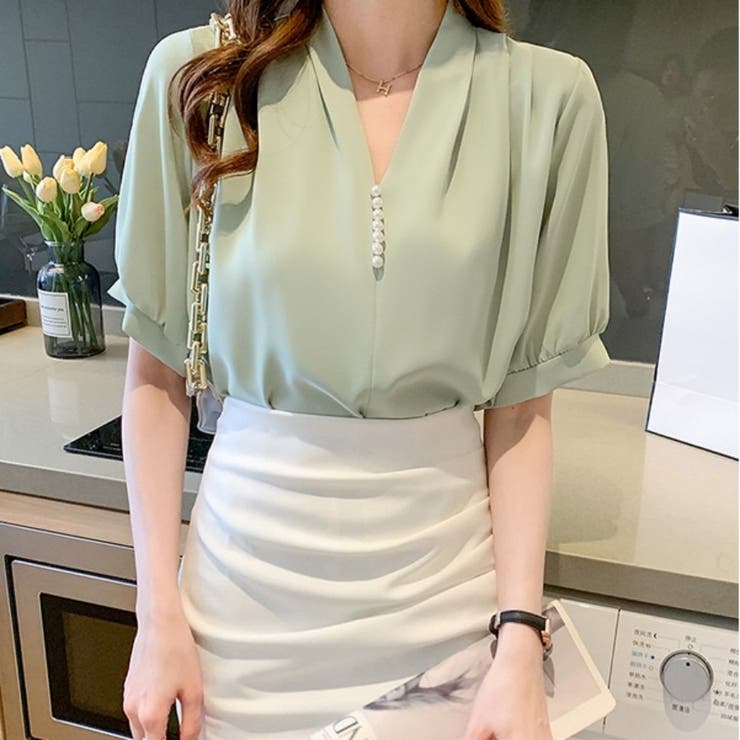 カルペディエム Carpe diem シャツ半袖 ブラウス半袖 パール付きトップス パール付きシャツ vネックシャツ 五分丈 半袖ブラウス 半袖シャツブラウス カジュアル 夏トップス (ベージュ) ベージュ