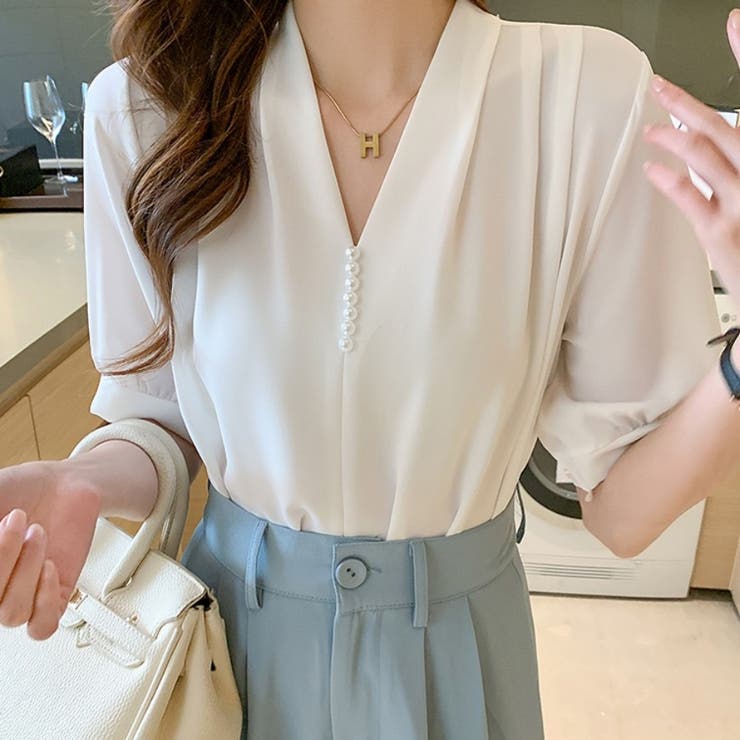 カルペディエム Carpe diem シャツ半袖 ブラウス半袖 パール付きトップス パール付きシャツ vネックシャツ 五分丈 半袖ブラウス 半袖シャツブラウス カジュアル 夏トップス (ベージュ) ベージュ