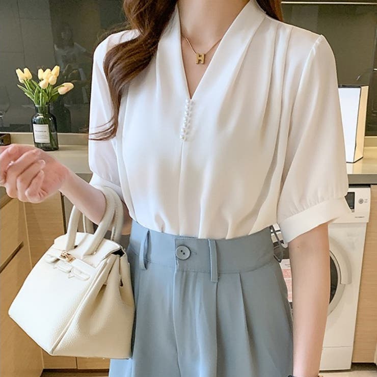 カルペディエム Carpe diem シャツ半袖 ブラウス半袖 パール付きトップス パール付きシャツ vネックシャツ 五分丈 半袖ブラウス 半袖シャツブラウス カジュアル 夏トップス (ベージュ) ベージュ