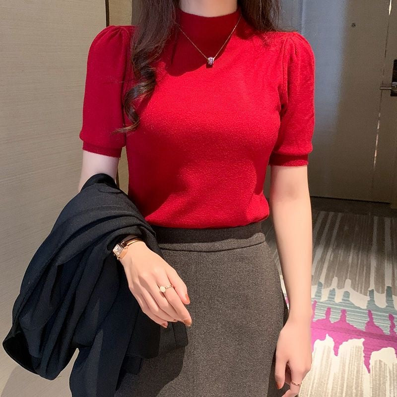 カルペディエム Carpe diem サマーニット トップス パフショルダーニット オフィスカジュアル 五分袖 ニットトップス半袖 上品 エレガント パフスリーブ (ブラック) ブラック