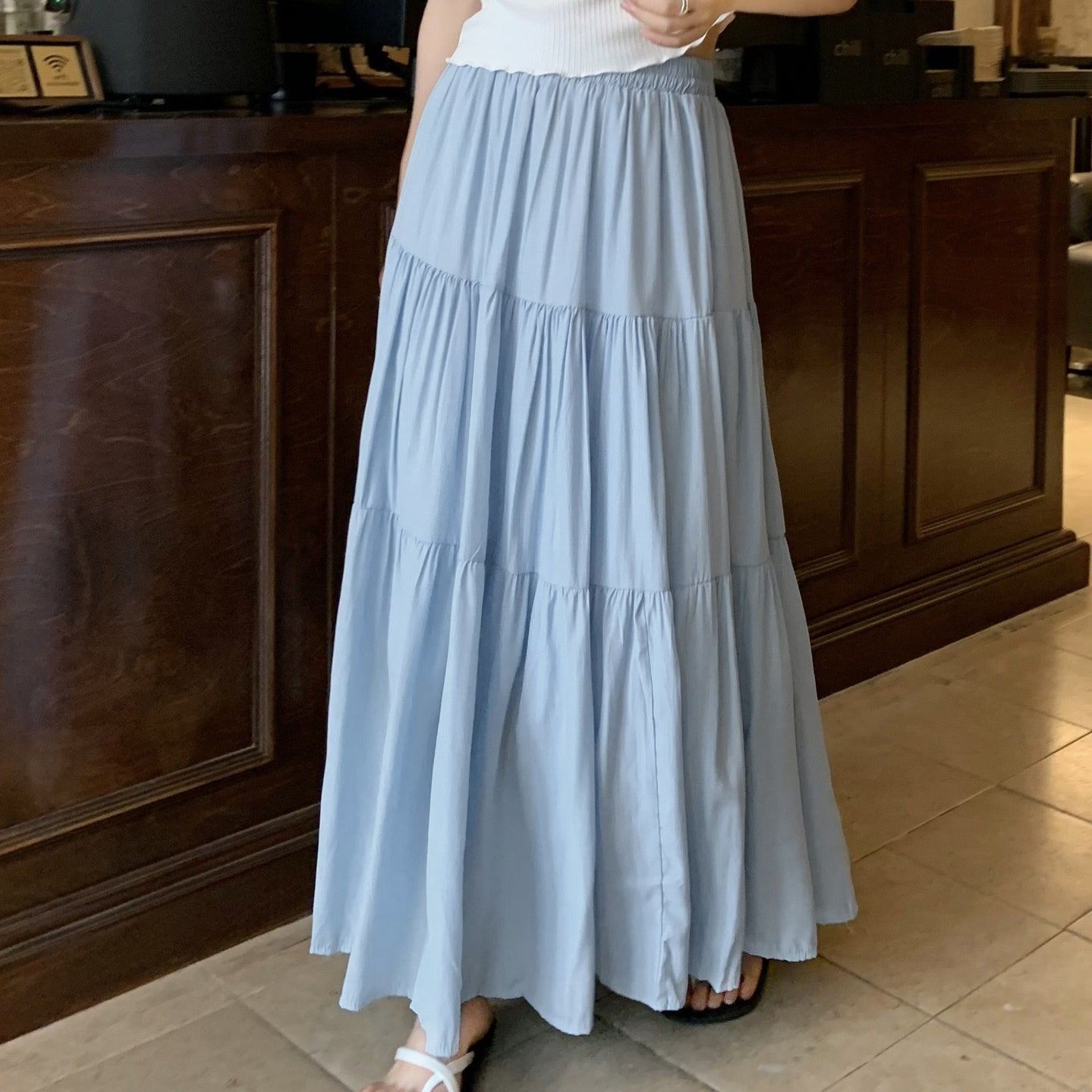 カルペディエム Carpe diem ロングスカート レディース 夏新作 ハイウエスト ミモレ丈 Aライン ティアードスカート ウエスト入り ギャザー切り替え フレンチスタイル フェミニン (ピンク) ピンク