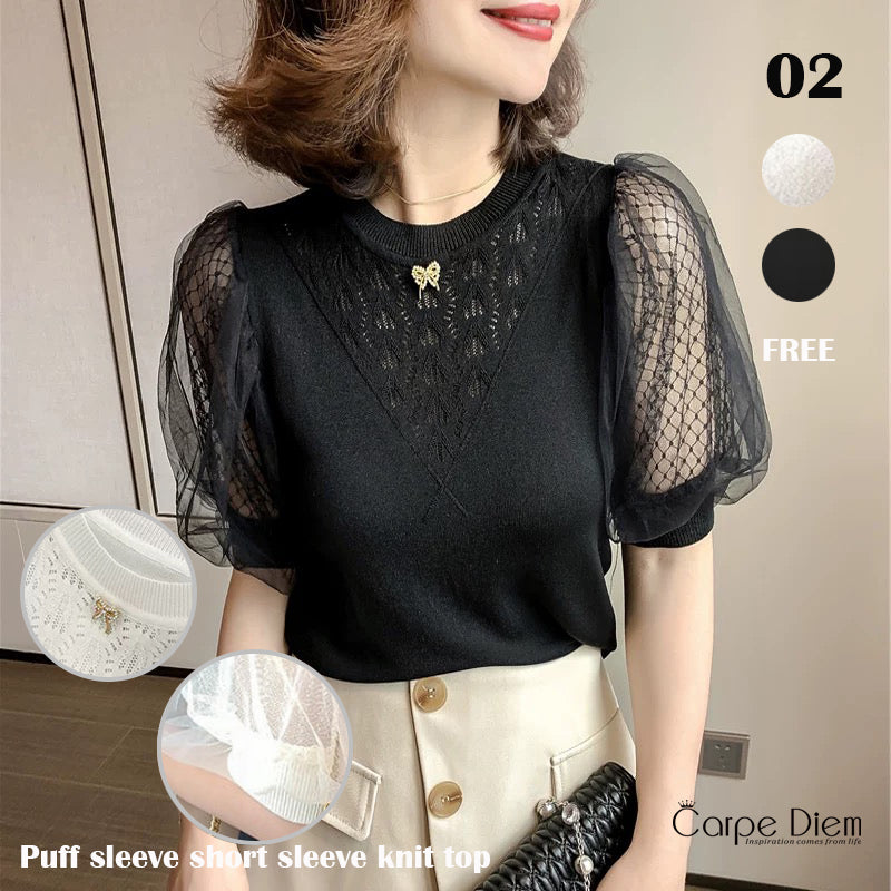 カルペディエム Carpe diem パフスリーブ 半袖 チュール袖 レース編みニット 半袖トップス 透かし編みニット 大人カジュアル 透け感 夏服 サマーニット半袖 シャツ半袖 刺繍 (ブラック) ブラック