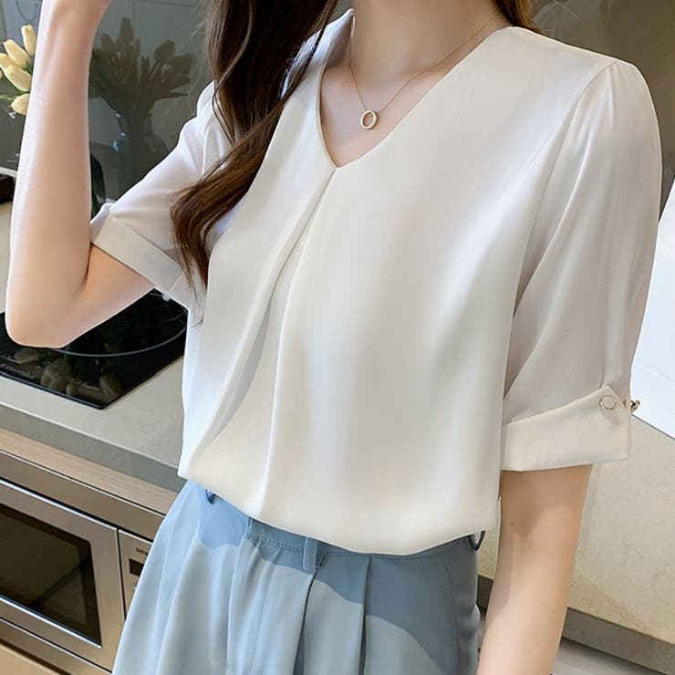 カルペディエム Carpe diem シャツブラウス半袖 Vネック ブラウス 半袖シャツ 五分丈 ギャザー カジュアル 夏トップス マットサテンシャツ オーバーサイズ オフィスブラウス 夏服 洒落シャツ 薄手シャツ 通勤OL (ブラック) ブラック