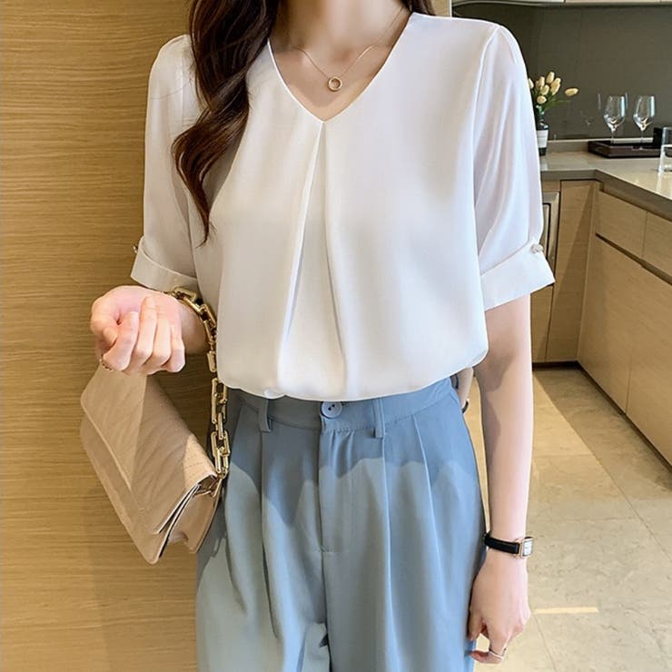 カルペディエム Carpe diem シャツブラウス半袖 Vネック ブラウス 半袖シャツ 五分丈 ギャザー カジュアル 夏トップス マットサテンシャツ オーバーサイズ オフィスブラウス 夏服 洒落シャツ 薄手シャツ 通勤OL (ブラック) ブラック