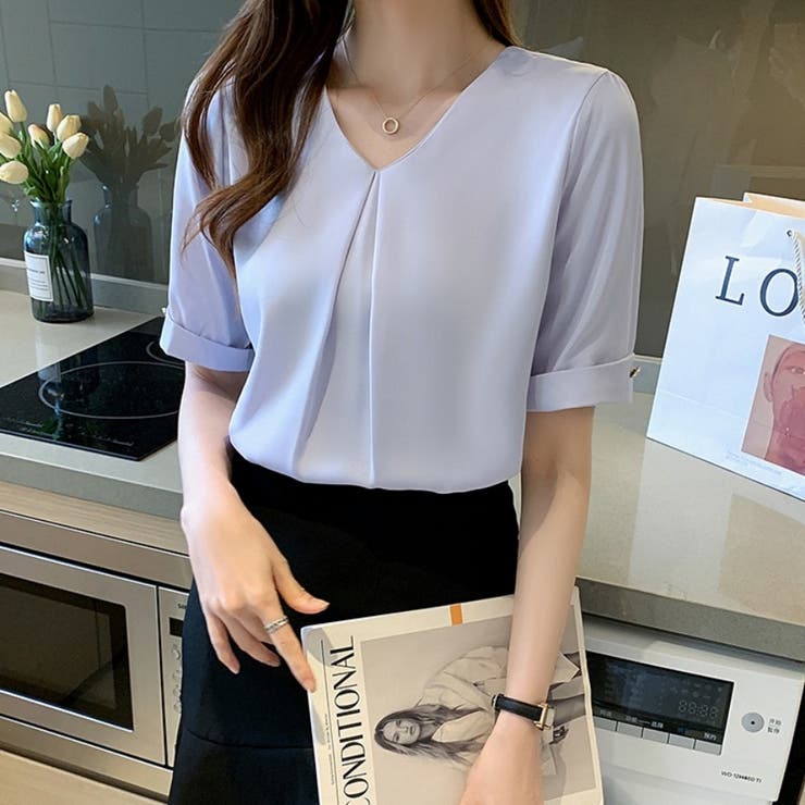 カルペディエム Carpe diem シャツブラウス半袖 Vネック ブラウス 半袖シャツ 五分丈 ギャザー カジュアル 夏トップス マットサテンシャツ オーバーサイズ オフィスブラウス 夏服 洒落シャツ 薄手シャツ 通勤OL (ブラック) ブラック