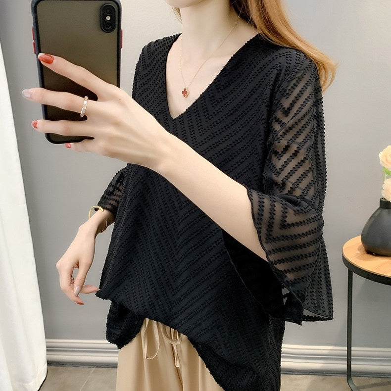 カルペディエム Carpe diem レディース Vネック ブラウス レディーストップス 七分袖 フレア袖 きれいめ オフィス シフォン シアーブラウス オーバーサイズ 透け感 ジャガード サマー半袖 (ホワイト) ホワイト