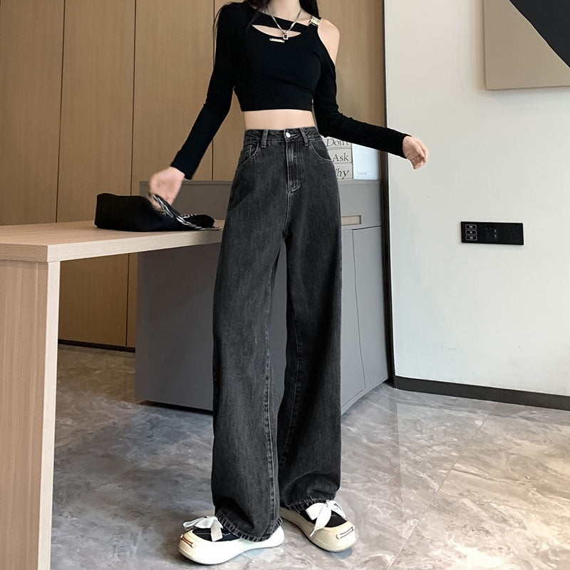 カルペディエム Carpe diem ワイドデニム パンツ オールシーズン カジュアル ハイウエストデニム ワイドパンツ ウォッシュド 定番デニム ボトムス ジーンズ夏 ストレッチツ (ブラック) ブラック