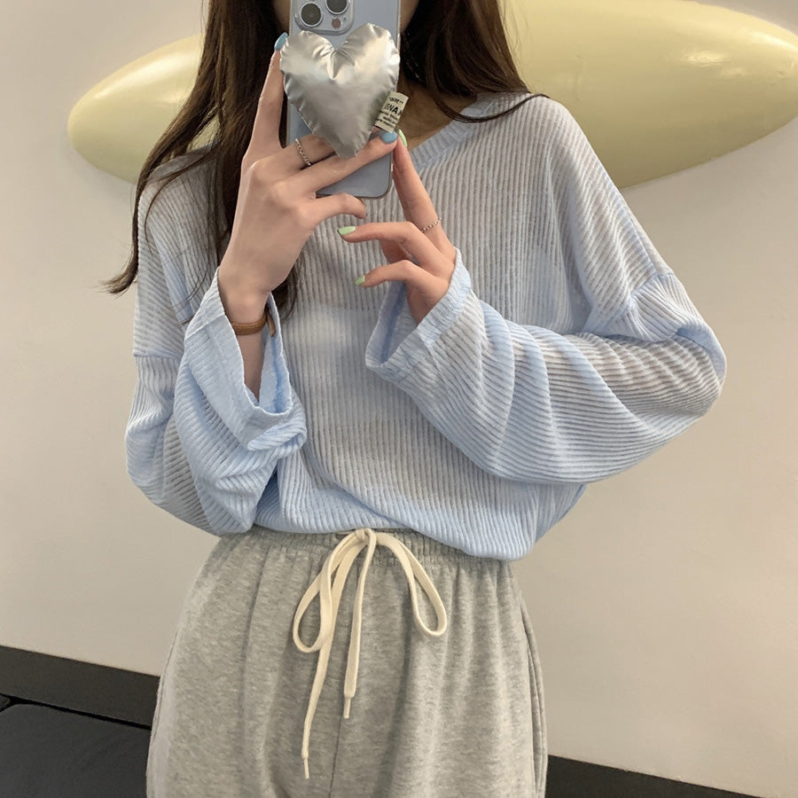 カルペディエム Carpe diem ロンT レイヤード シアー トップス tシャツ シアーブラウス UV対策トップス 透かしトップス 夏服 薄手カットソー ニット 長袖Tシャツ デリー 日焼け防止 シンプル カジュアル韓国 (アイスグーリン) アイスグーリン