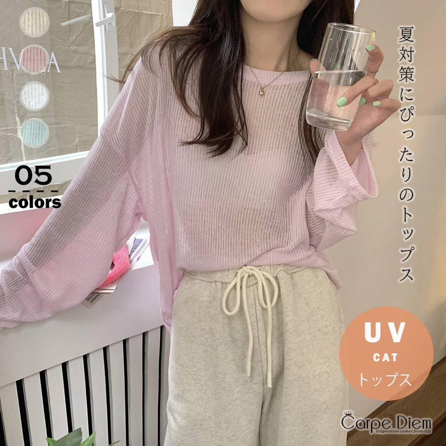 カルペディエム Carpe diem ロンT レイヤード シアー トップス tシャツ シアーブラウス UV対策トップス 透かしトップス 夏服 薄手カットソー ニット 長袖Tシャツ デリー 日焼け防止 シンプル カジュアル韓国 (アイスグーリン) アイスグーリン