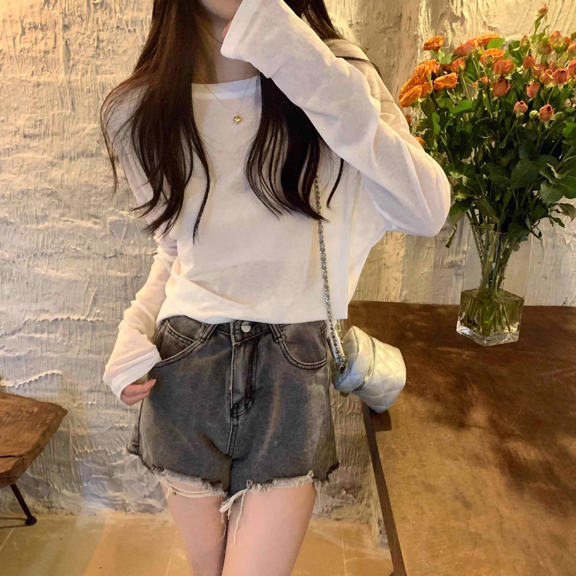 カルペディエム Carpe diem ロンT レイヤード シアー トップス tシャツ シアーブラウス UV対策トップス 透かし 12色展開 夏服 薄手カットソー ニット 長袖 オーバーサイズ デリー 日焼け防止 シンプル カジュアル 韓国 (ホワイト) ホワイト